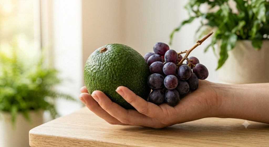 Primer plano de una mano con un aguacate fresco y uvas oscuras, ilustrando la importancia de las grasas saludables y frutas en una dieta equilibrada.