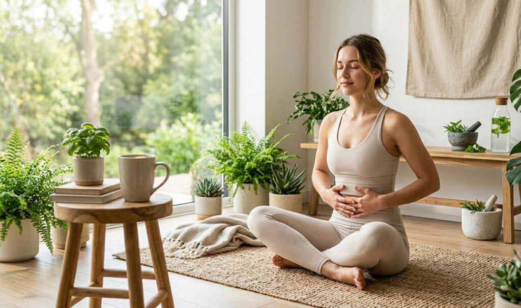 Mujer meditando en una esterilla con ropa cómoda junto a un ventanal, ilustrando la gestión del estrés y los microhábitos para ganar energía.