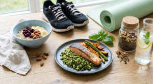 Comida saludable post-entrenamiento con pescado, carbohidratos, frutos secos y agua con limón, rodeada de equipamiento deportivo en un ambiente luminoso.