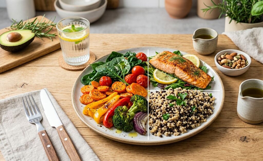 Comida equilibrada y saludable con salmón, quinoa y variedad de verduras asadas en un plato dividido, representando una nutrición completa sin contar calorías.